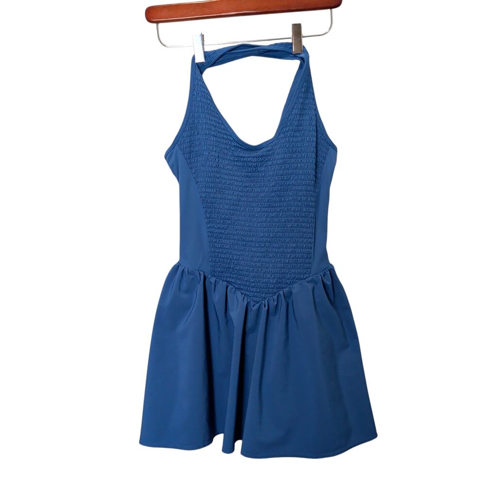 JoyLab Women's Sz S Blue Athletic Dress Smocked Top Crossback Key Hole Skort
